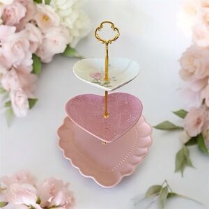 Elegant Pink and White Heart-Shaped Tiered Serving Tray